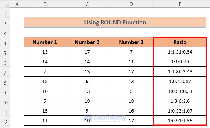 Calculated ratio of 3 numbers using ROUND function