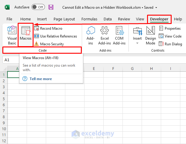 Editing the Macro to Solve Cannot Edit a Macro on a Hidden Workbook
