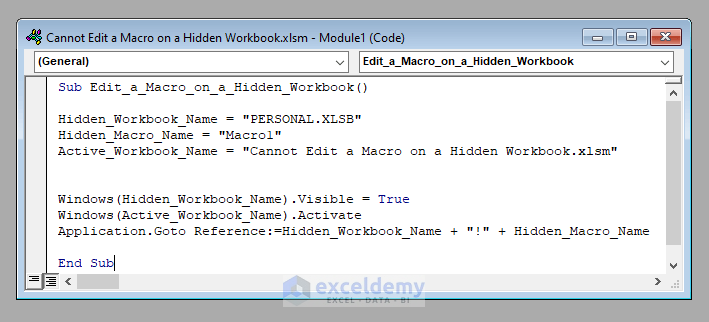 VBA Code to Solve Cannot Edit a Macro on a Hidden Workbook