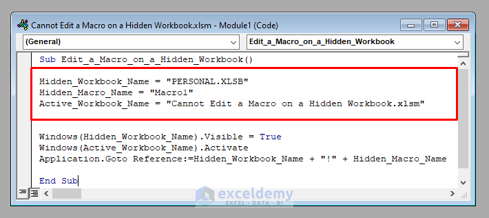 Inputs to the Code to Solve Cannot Edit a Macro on a Hidden Workbook