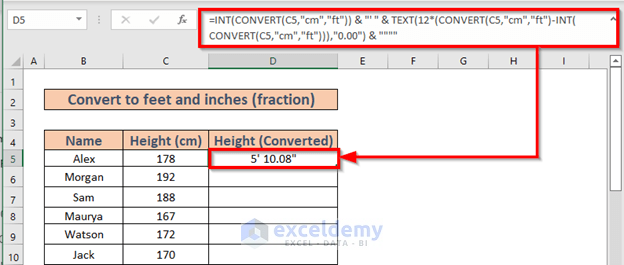 Convert CM to Feet and Inches in Excel