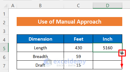 Manual Approach to Convert Feet to Inches in Excel