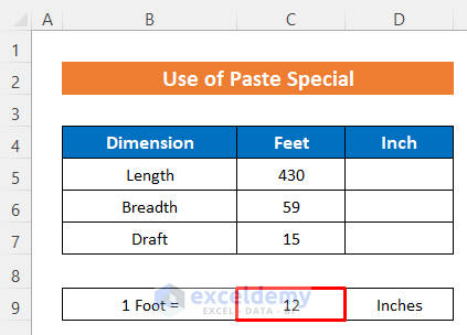 Applying Paste Special to Convert Feet to Inches