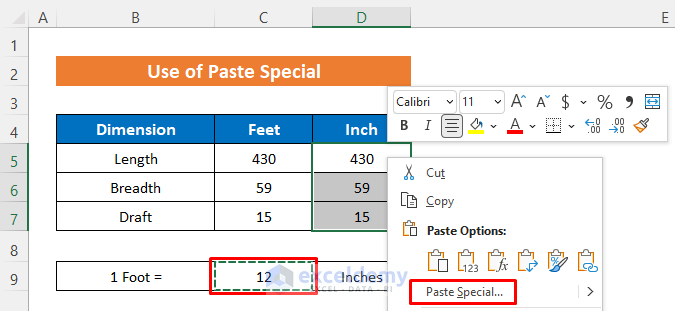 Applying Paste Special to Convert Feet to Inches