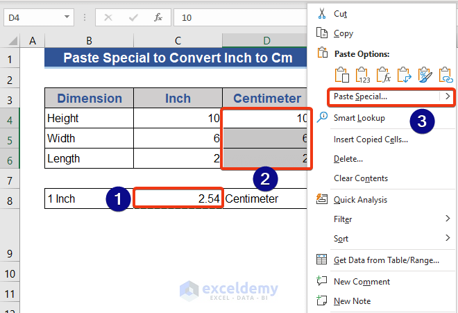 Excel Paste Special Feature to Convert Inches to Cm