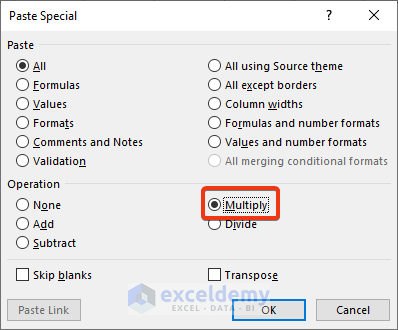 Excel Paste Special Feature to Convert Inches to Cm