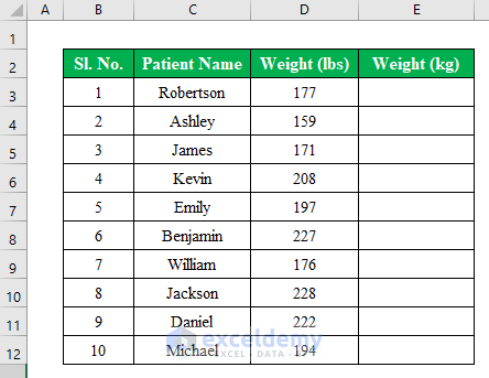 Convert Lbs to Kg in Excel