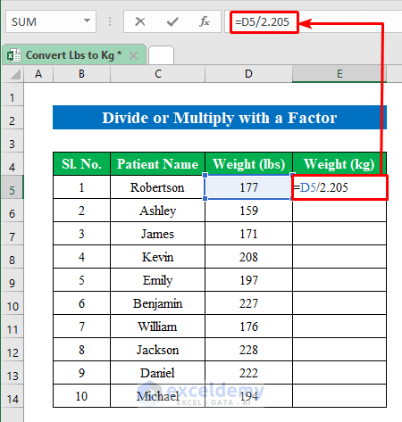 Divide or Multiply with a Factor to Convert Lbs to Kg in Excel