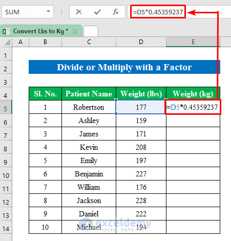 Divide or Multiply with a Factor to Convert Lbs to Kg in Excel