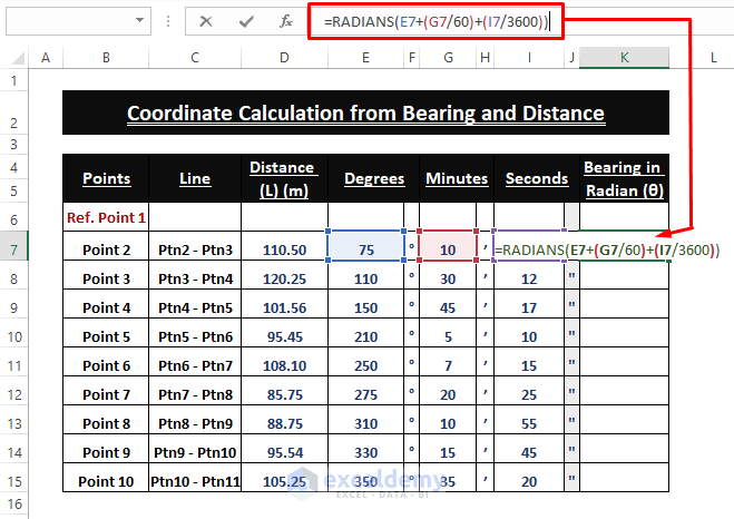Converting Degrees in Radians-Calculate Coordinates from Bearing and Distance Excel