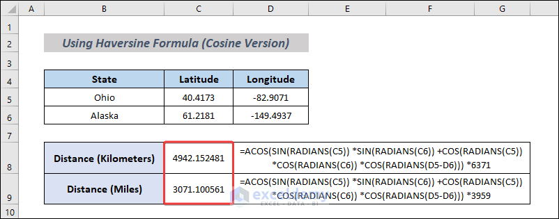 Cosine Version of Formula to Calculate Distance