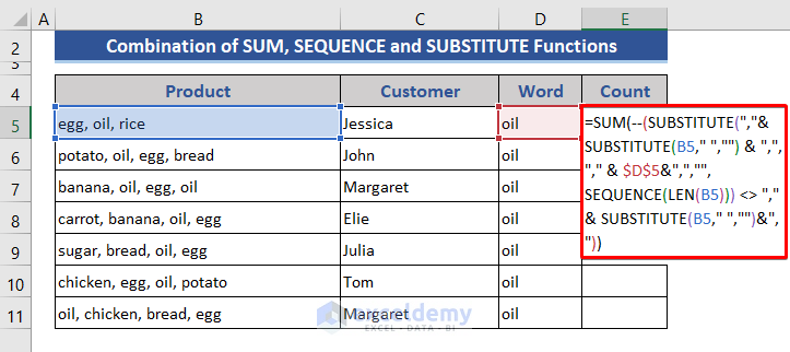 Combine SUM, SEQUENCE, and SUBSTITUTE Functions to Count Specific Words in a Cell