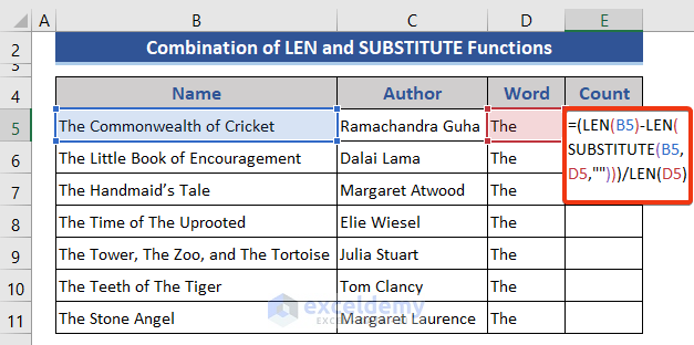 LEN and SUBSTITUTE Functions in Excel to count specific words
