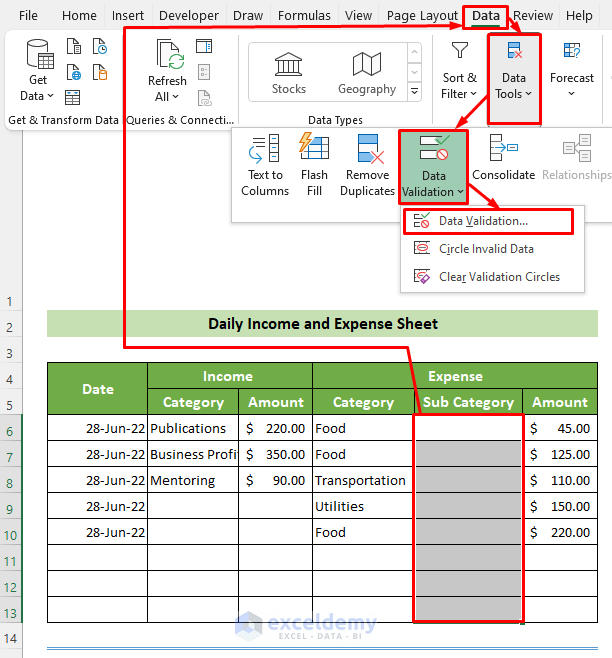 Access the Data Validation Tool to List Expense Subcategories