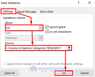 Create the Expense Subcategories Dropdown List