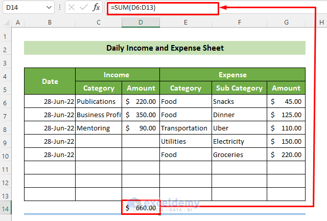 Calculate Total Income from Daily Income and Expense Excel Sheet