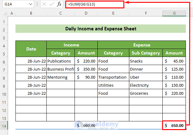Calculate Total Expense from Daily Income and Expense Excel Sheet