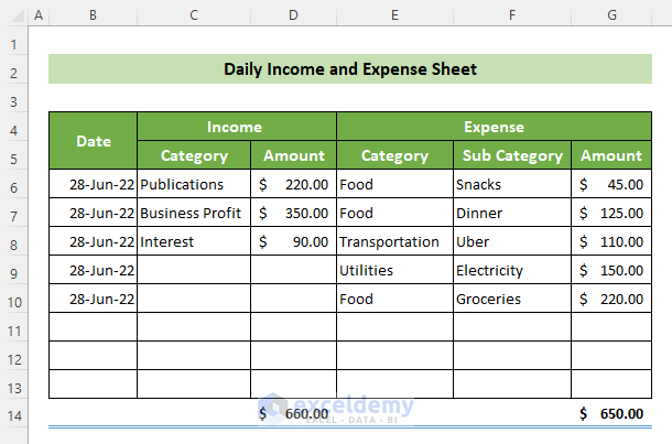 Complete Daily Income and Expense Excel Sheet