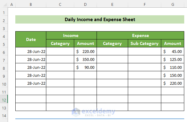 Creating the Columns of Daily Income & Expense Sheet