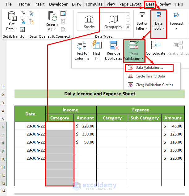 Access the Data Validation Tool for Income Categories
