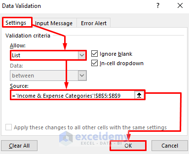 Create the Data Validation for Income Categories