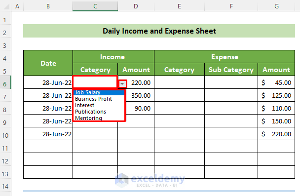 Dropdown List of Income Categories