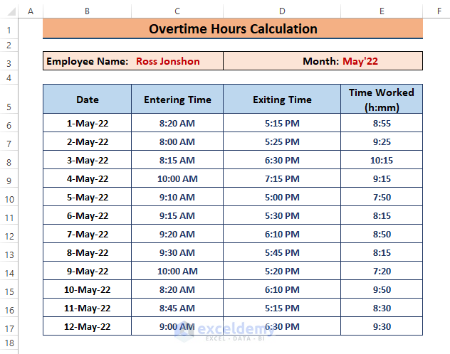 Dataset-How to Calculate Overtime Hours in Excel Using if Function