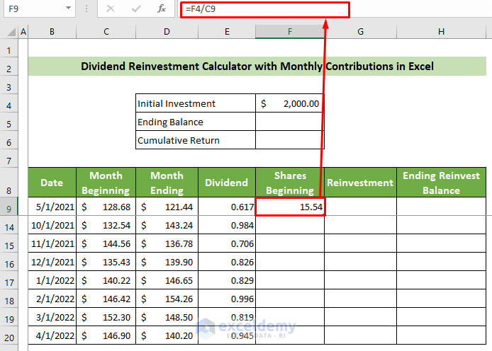 Calculate Number of Shares at the Beginning of the Investment