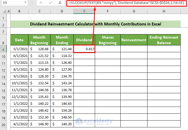 Using VLOOKUP Function to Create Dividend Reinvestment Calculator with Monthly Contributions in Excel