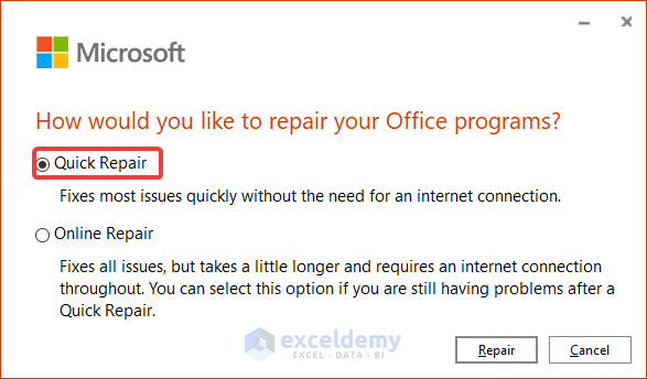 Repair Microsoft Office to Resolve Document Not Saved Excel Network Drive 