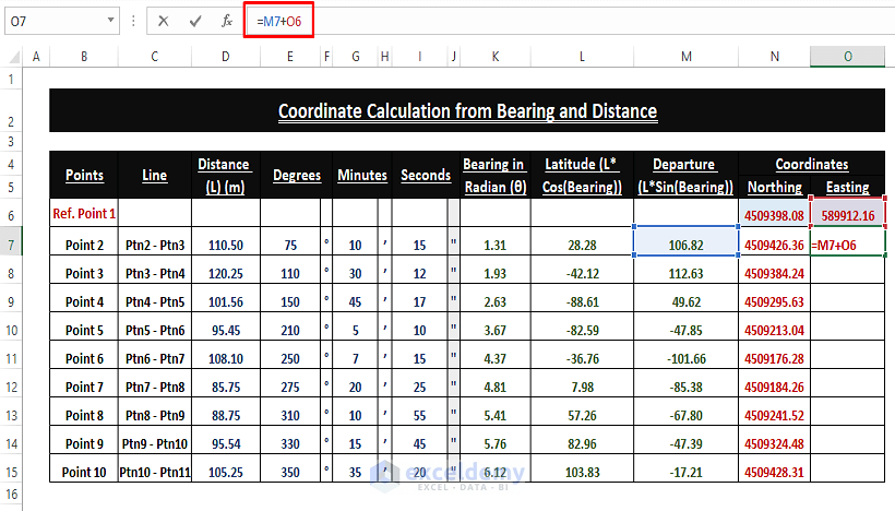 Easting-Calculate Coordinates from Bearing and Distance Excel