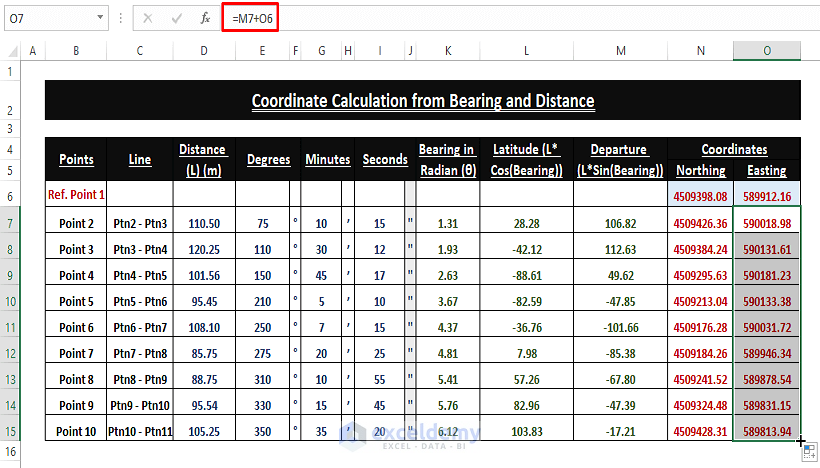 How to Calculate Coordinates from Bearing and Distance in Excel