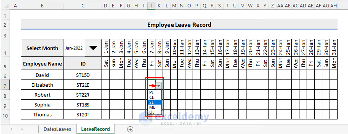 employee leave record format in excel