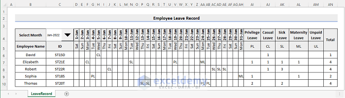 Employee leave record format in excel