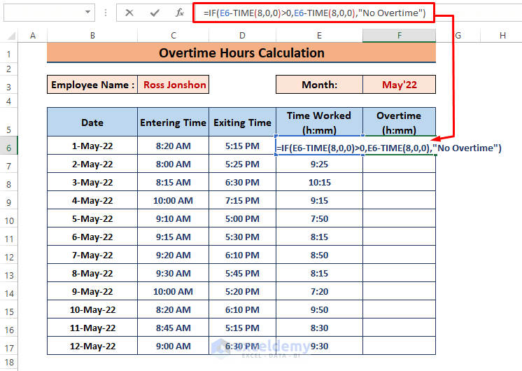Example 1-How to Calculate Overtime Hours in Excel Using if Function