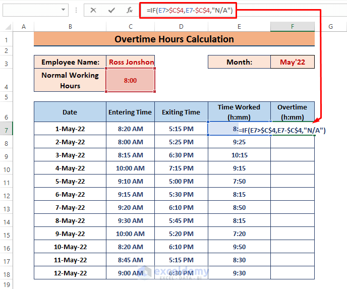 Example 3-How to Calculate Overtime Hours in Excel Using if Function