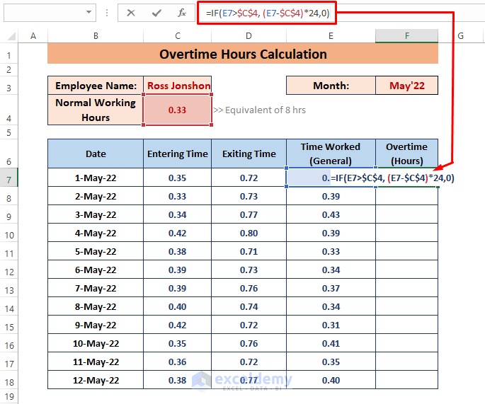 Example 4-How to Calculate Overtime Hours in Excel Using if Function