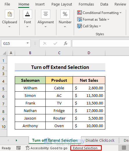 Solution 1: Turn off Extend Selection in Excel