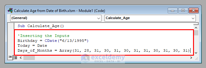Inserting Inputs to Calculate Age from the Date of Birth in Excel