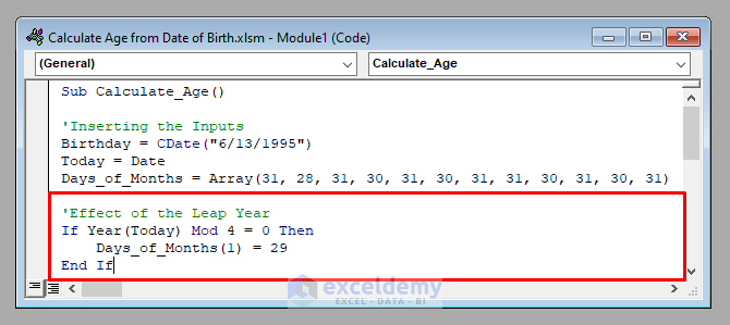Changing for Leap Year to Calculate Age from the Date of Birth in Excel