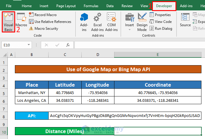 excel vba calculate distance between two addresses or coordinates