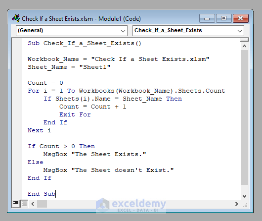 VBA Code to Check If a Sheet Exits in Excel