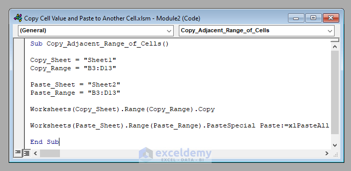 VBA Code to Copy Cell Value and Paste to Another Cell Using Excel VBA