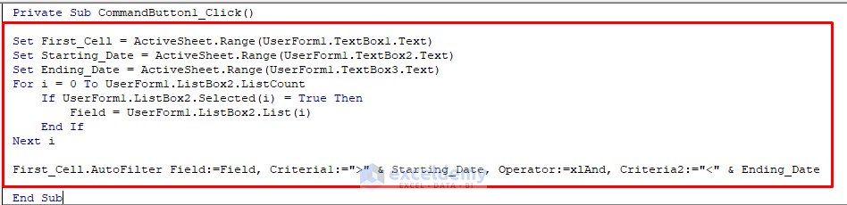 CommandButton1 Code to Filter Date Range Based On Cell Value in Excel VBA