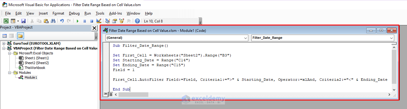 Putting the VBA Code to Filter Date Range Based On Cell Value in Excel
