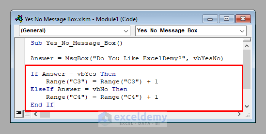 Using If-block to Develop and Use a Yes No Message Box in Excel