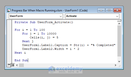 UserForm Code to Create a Progress Bar While a Macro is Running in Excel VBA