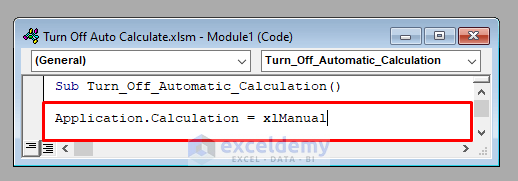 Line of Code Turn Off Auto Calculation Using VBA in Excel