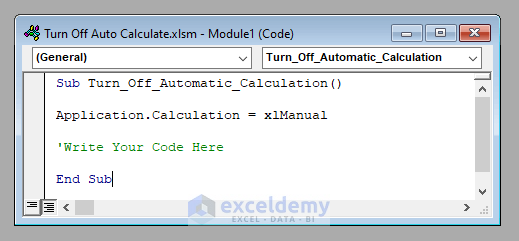 VBA Code to Turn off Auto Calculate in Excel