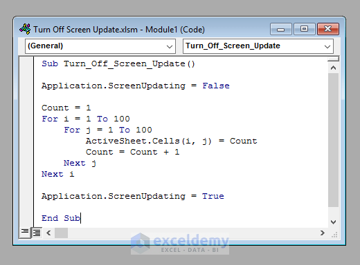 VBA Code to Turn off Screen Update in Excel